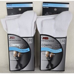 MD Compression Socks White Medium‎ Ribbed Cushion Over the Calf 2 Pair Swelling